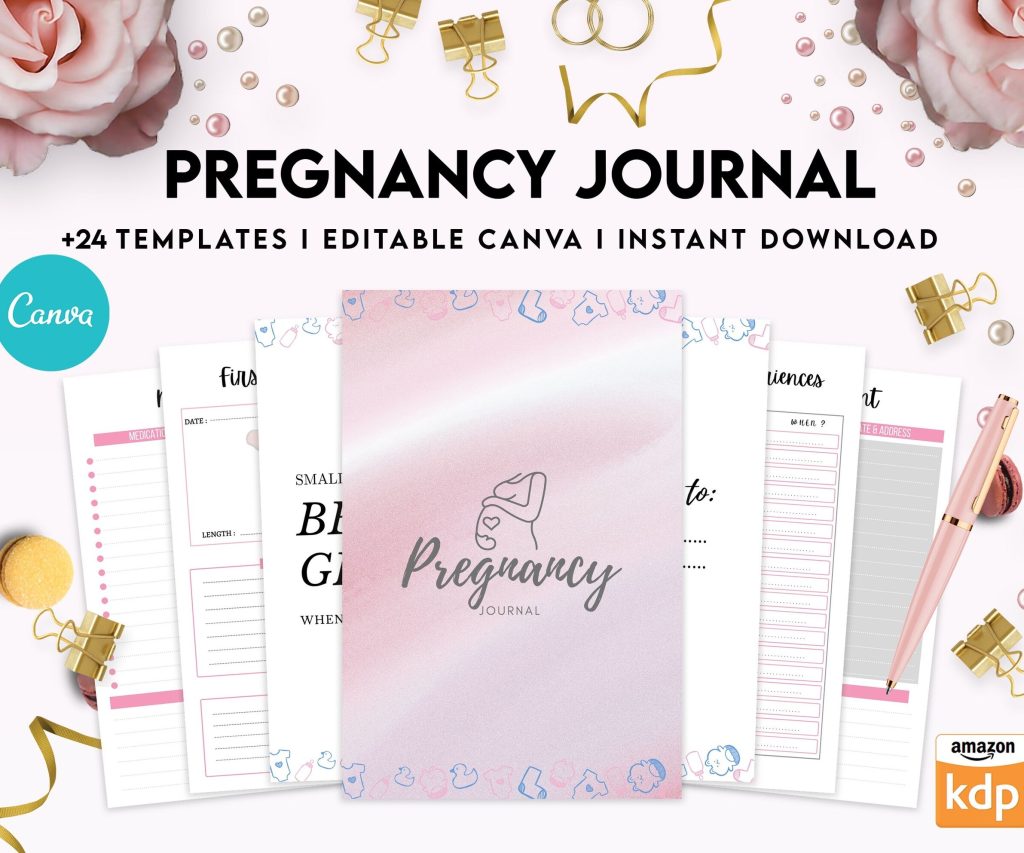 Pregnancy journal, Pregnancy keepsake, Pregnancy Planner, hospital packing list, birth plan, baby shower, health monitoring, Canva Editable Templates, interior 9 month journal