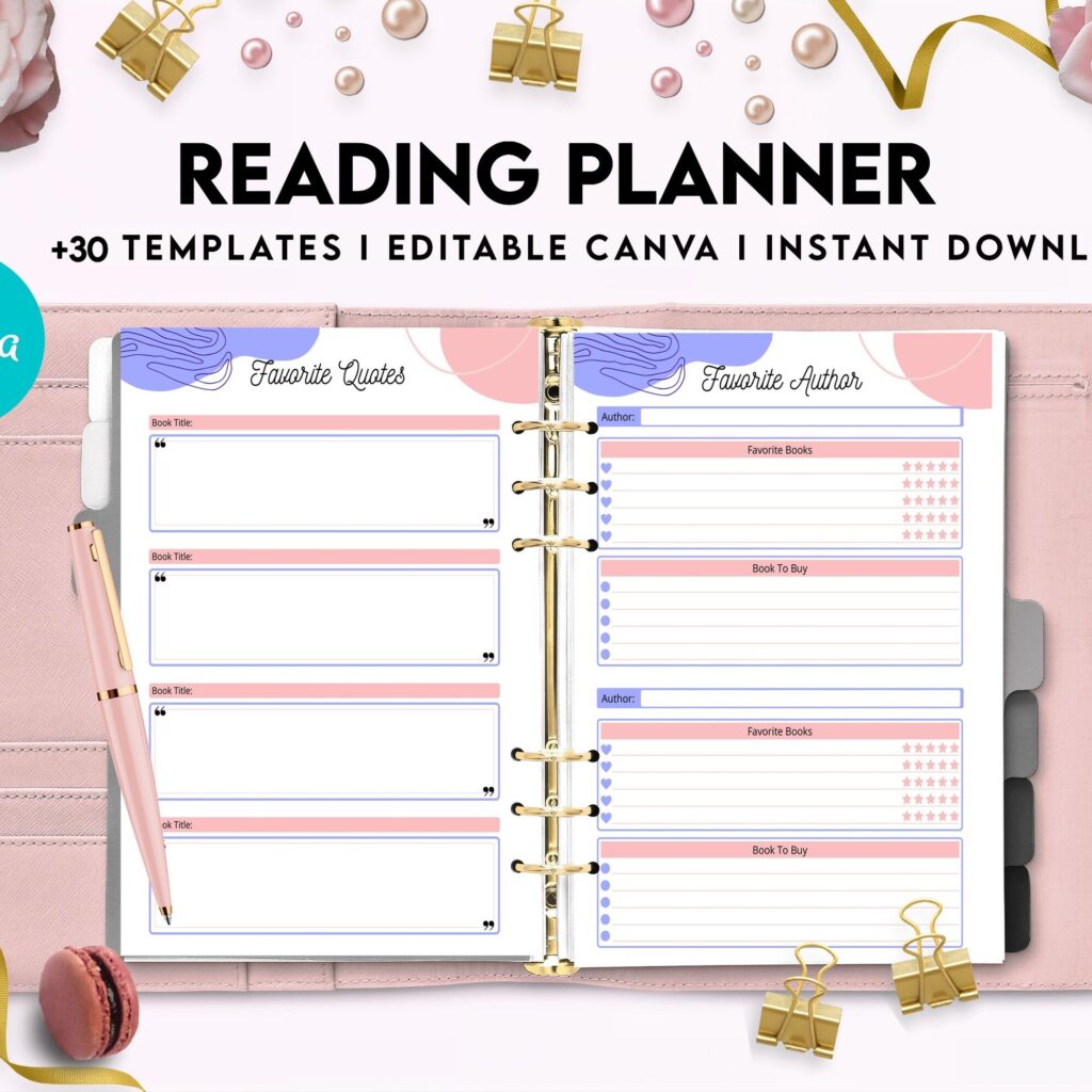 Reading Planner Editable Templates | Reading Journal Tracker | Book Review Reading Tracker | Reading Planner, Read Plan Pages, Canva Editable Templates, interior Book journal