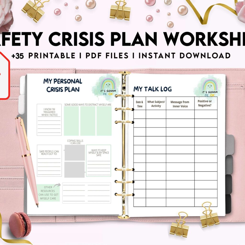 Safety Crisis Plan journal, Safety plan Worksheet, Therapy Aid, School Counselor, Psychology Tools, Self Help Mental Health, PDF Printable, 8,5×11″ A4 size