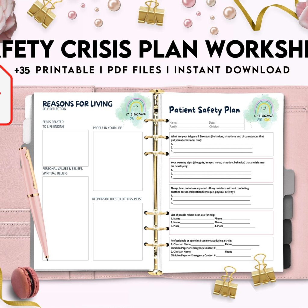 Safety Crisis Plan journal, Safety plan Worksheet, Therapy Aid, School Counselor, Psychology Tools, Self Help Mental Health, PDF Printable, 8,5×11″ A4 size