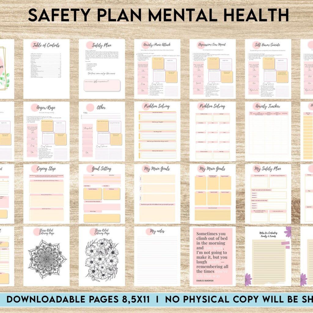 Safety Plans Journal, Mental Health Worksheets, Problem Solving, self care, PDF Printable, 8,5×11″ A4 size anxiety