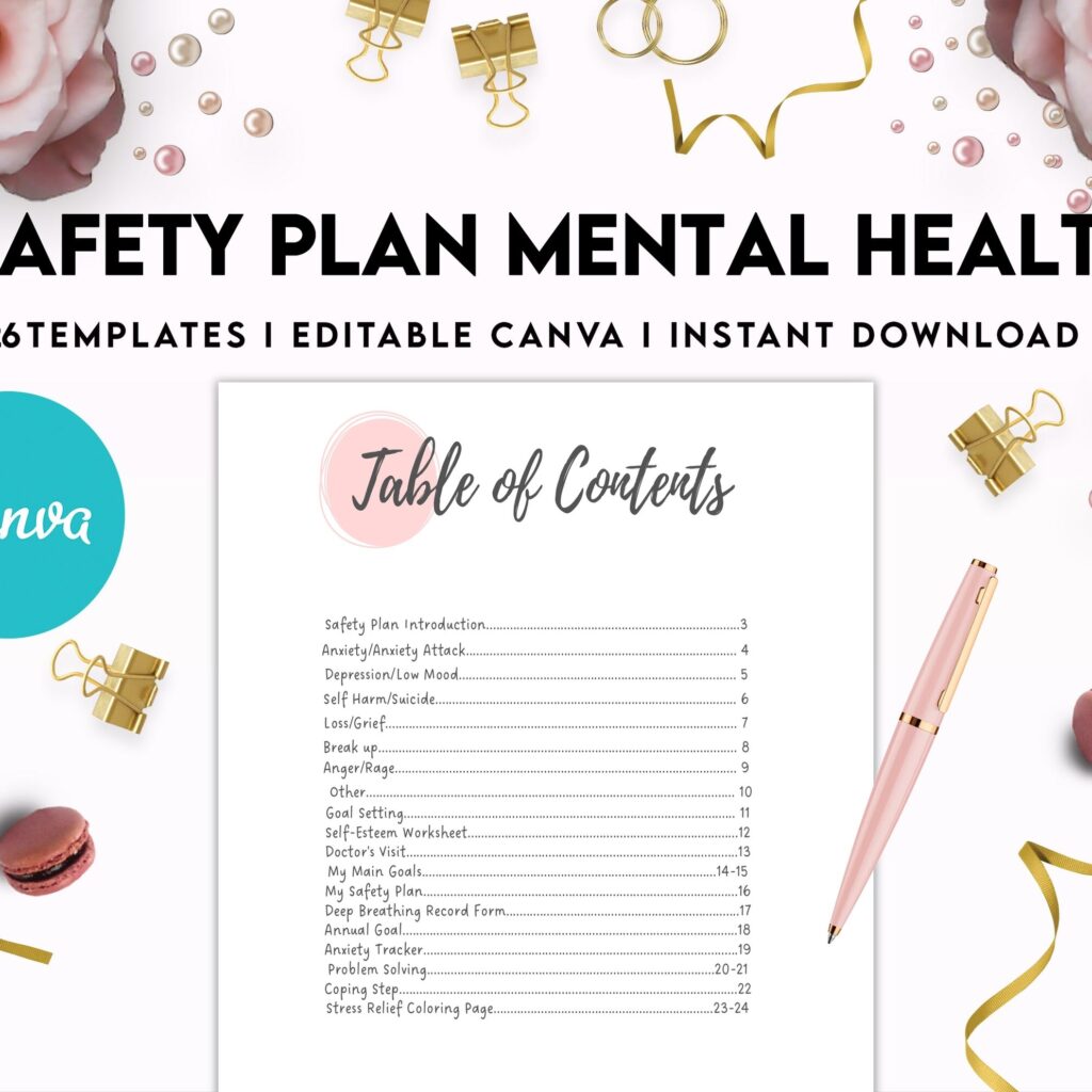 Safety Plans Journal, Mental Health Worksheets, Problem Solving, self care, Canva Editable Templates, interior anxiety