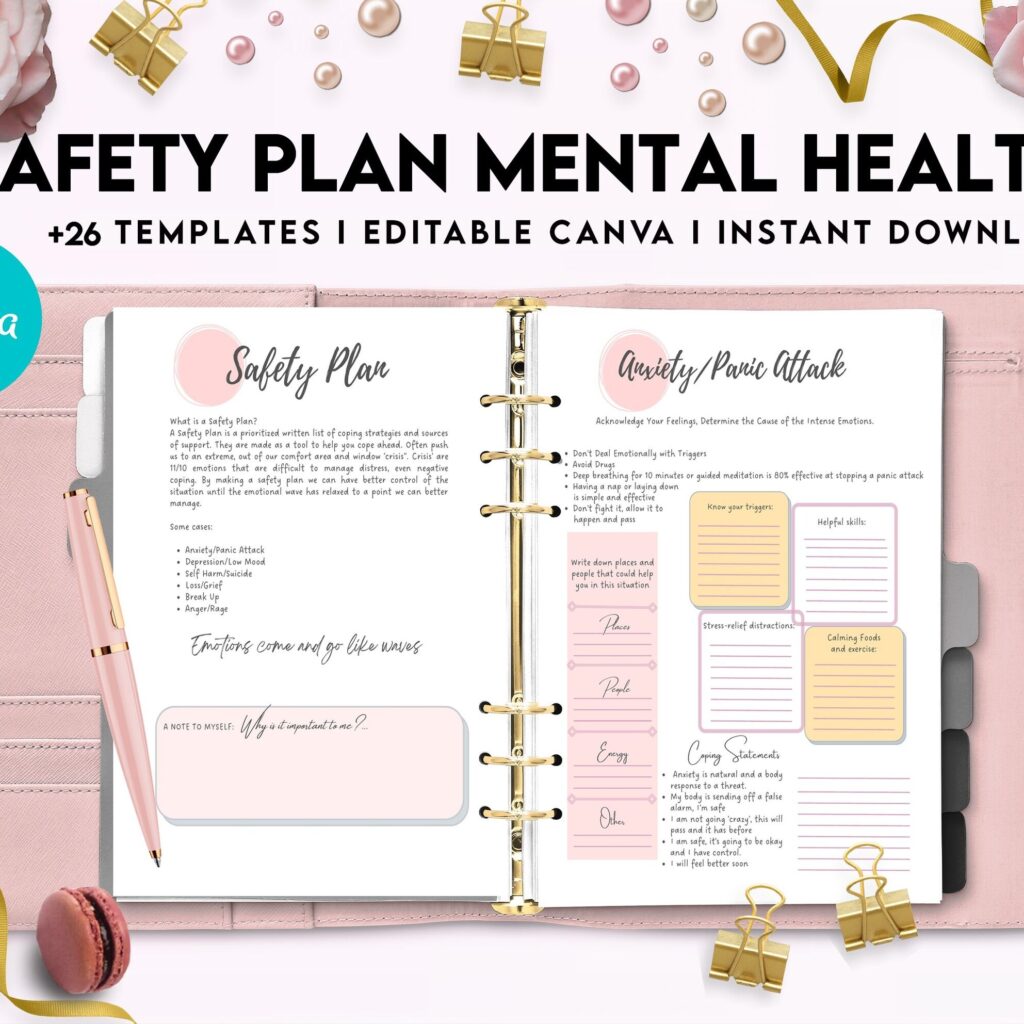 Safety Plans Journal, Mental Health Worksheets, Problem Solving, self care, Canva Editable Templates, interior anxiety