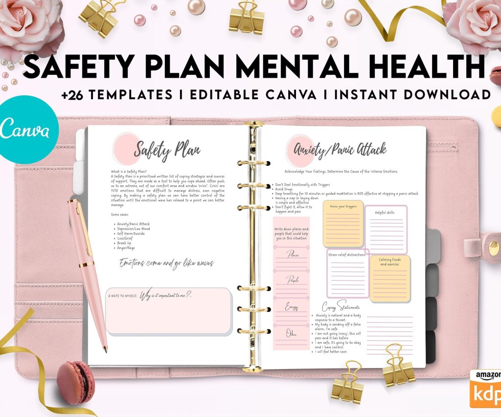 Safety Plans Journal, Mental Health Worksheets, Problem Solving, self care, Canva Editable Templates, interior anxiety