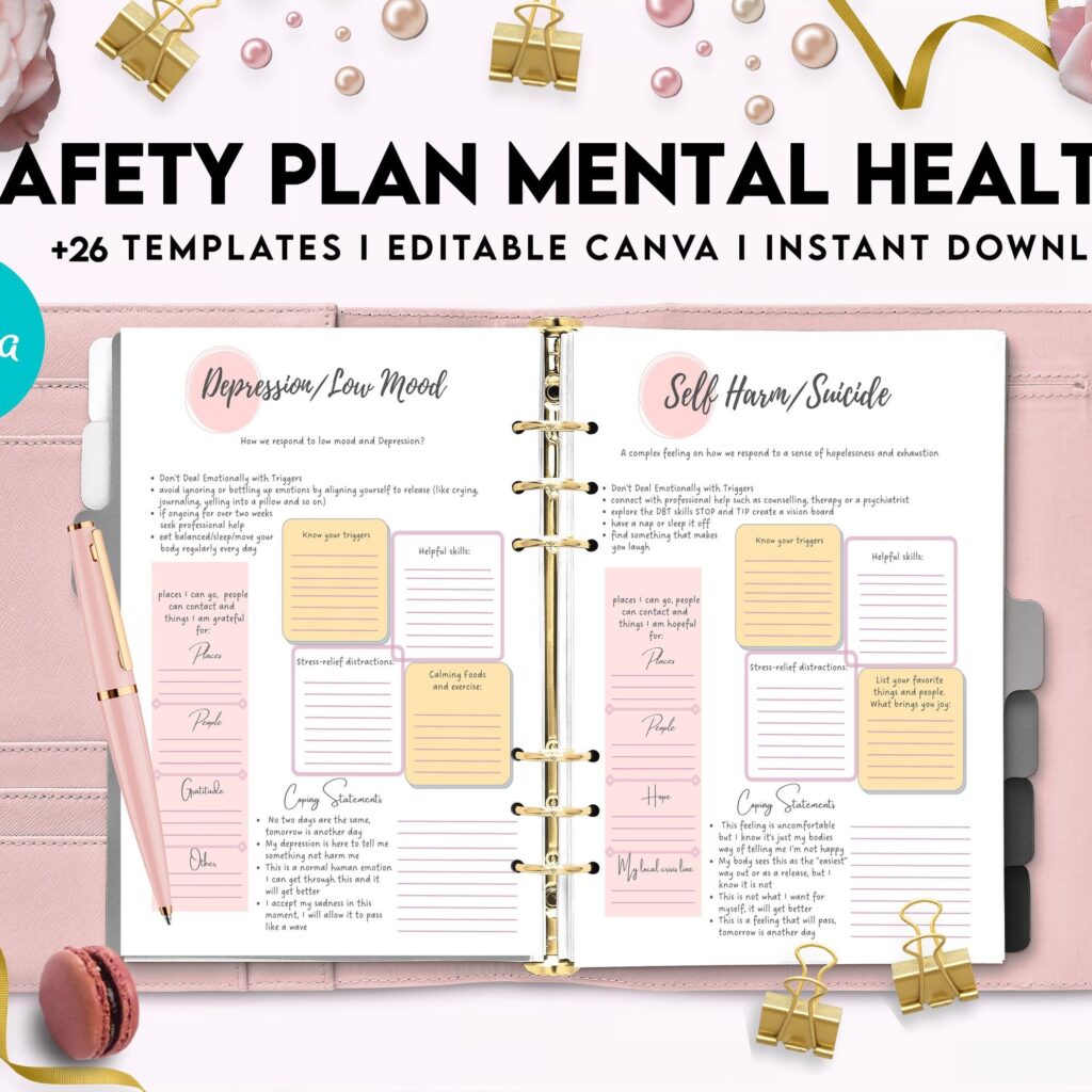 Safety Plans Journal, Mental Health Worksheets, Problem Solving, self care, Canva Editable Templates, interior anxiety