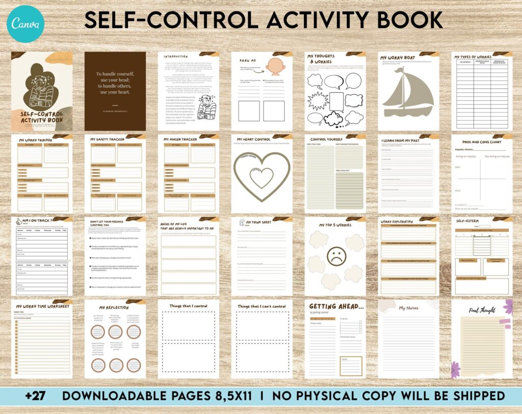 self control therapy Control Editable Templates Interactive Worksheet Journal Inserts Planner Notebook Template Therapy Psychology Mental Health School Counseling Tools, Canva Editable Templates, interior anxiety journal