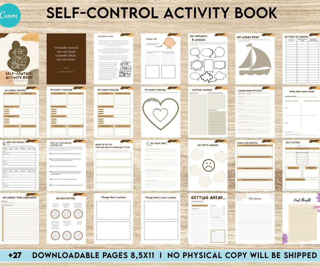 self control therapy Control Editable Templates Interactive Worksheet Journal Inserts Planner Notebook Template Therapy Psychology Mental Health School Counseling Tools, Canva Editable Templates, interior anxiety journal