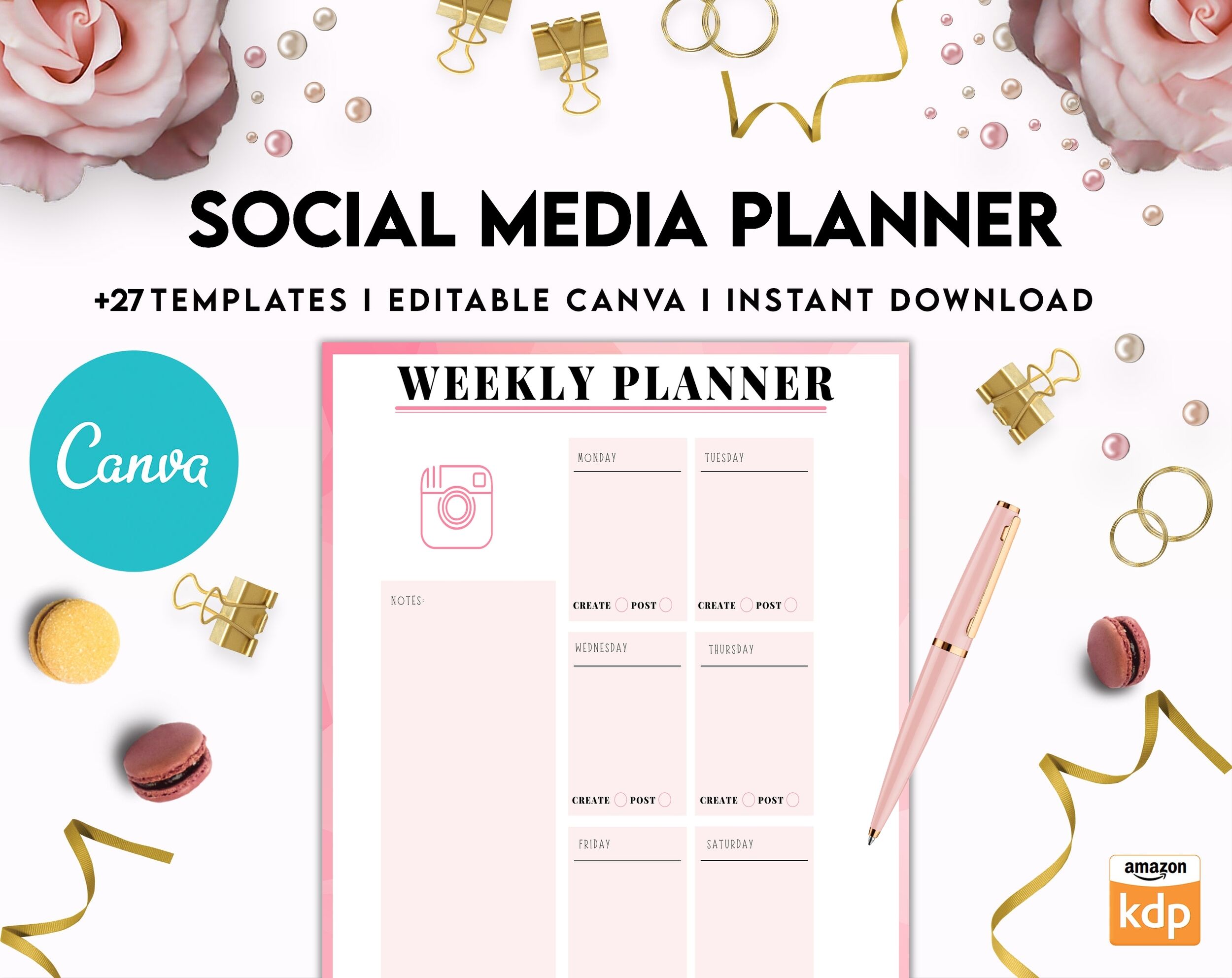 Social media planner, Social media journal, Weekly planner, Post planner, Stories Planner, feed Planner, Canva Editable Templates, interior business planner