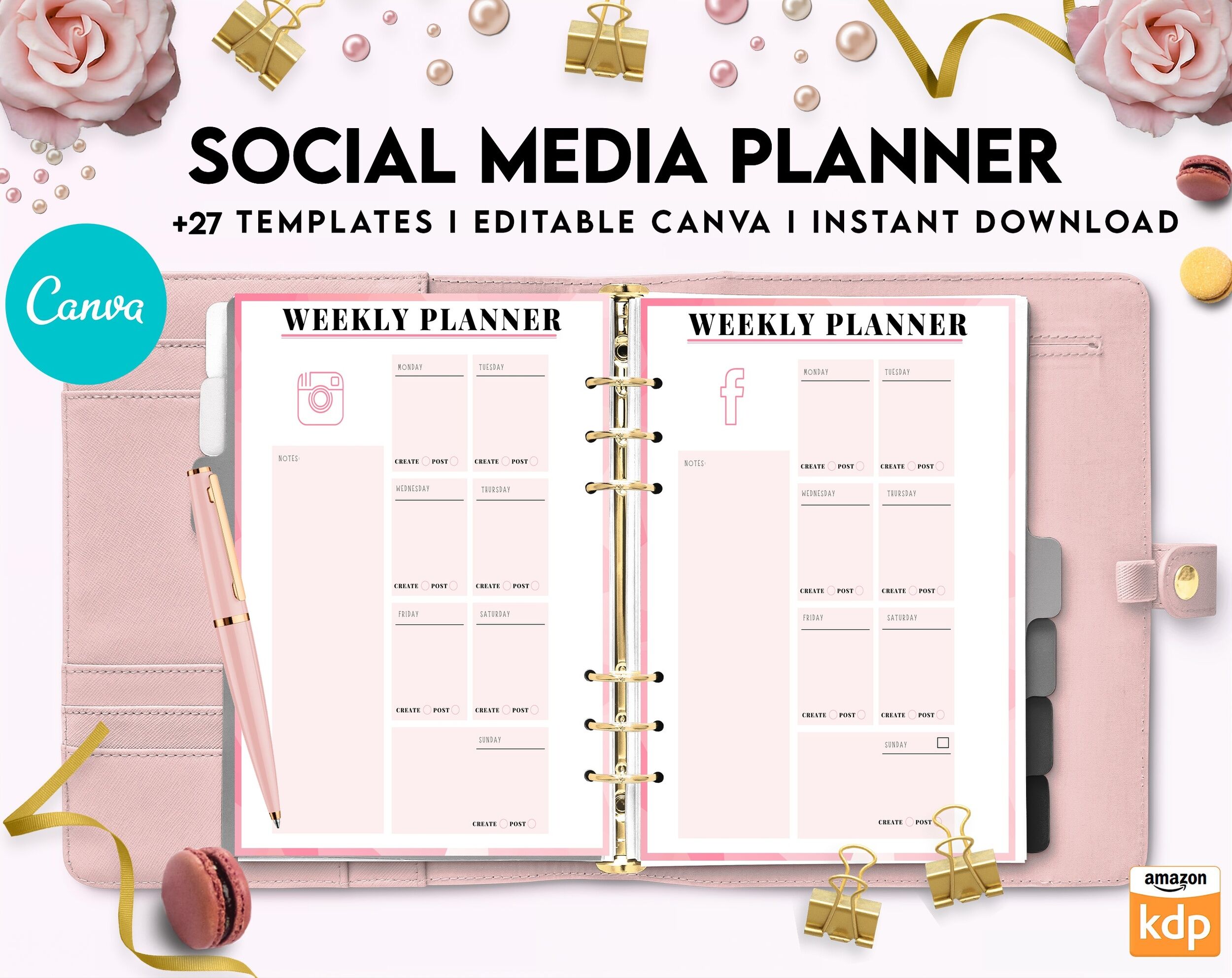 Social media planner, Social media journal, Weekly planner, Post planner, Stories Planner, feed Planner, Canva Editable Templates, interior business planner