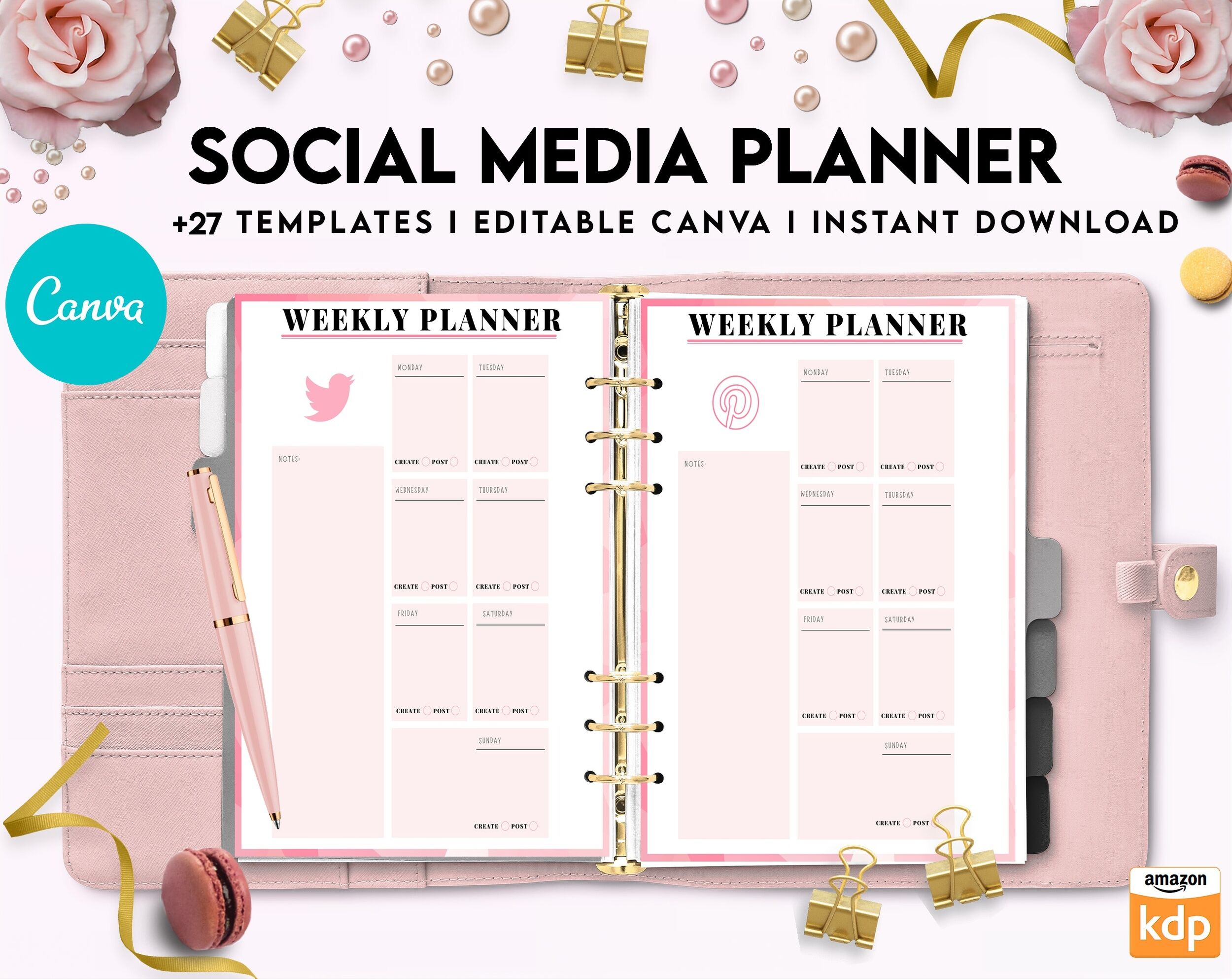 Social media planner, Social media journal, Weekly planner, Post planner, Stories Planner, feed Planner, Canva Editable Templates, interior business planner
