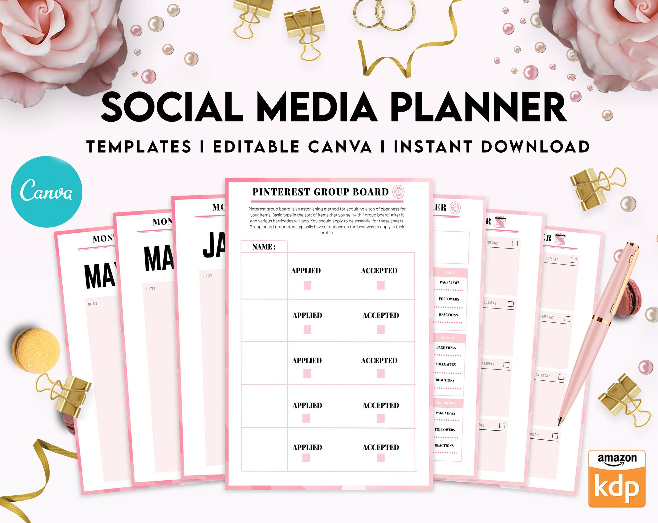 Social media planner, Social media journal, Weekly planner, Post planner, Stories Planner, feed Planner, Canva Editable Templates, interior business planner