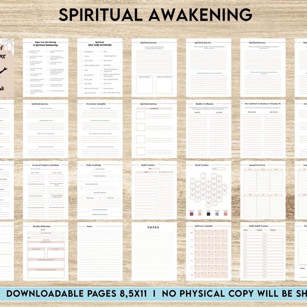 Spiritual Awakenings 8×11 inch pages size Spiritual Awakening Workbook for Self Discovery, Anxiety, 8×11 inch pages size Journalling Prompts, PDF Printable, 8,5×11″ A4 size anxiety