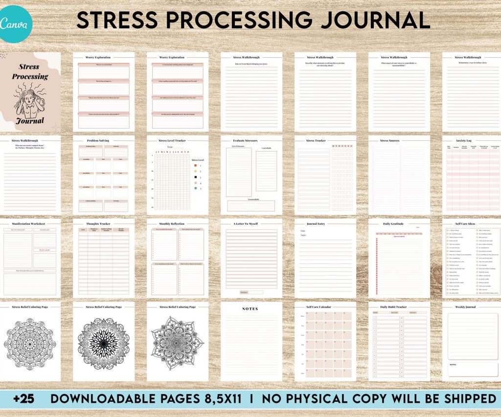 Stress Management Worksheets Stress Processing Journal Pages for daily self care, mental health, and emotion list with breakdown worksheets, Canva Editable Templates, interior anxiety journal
