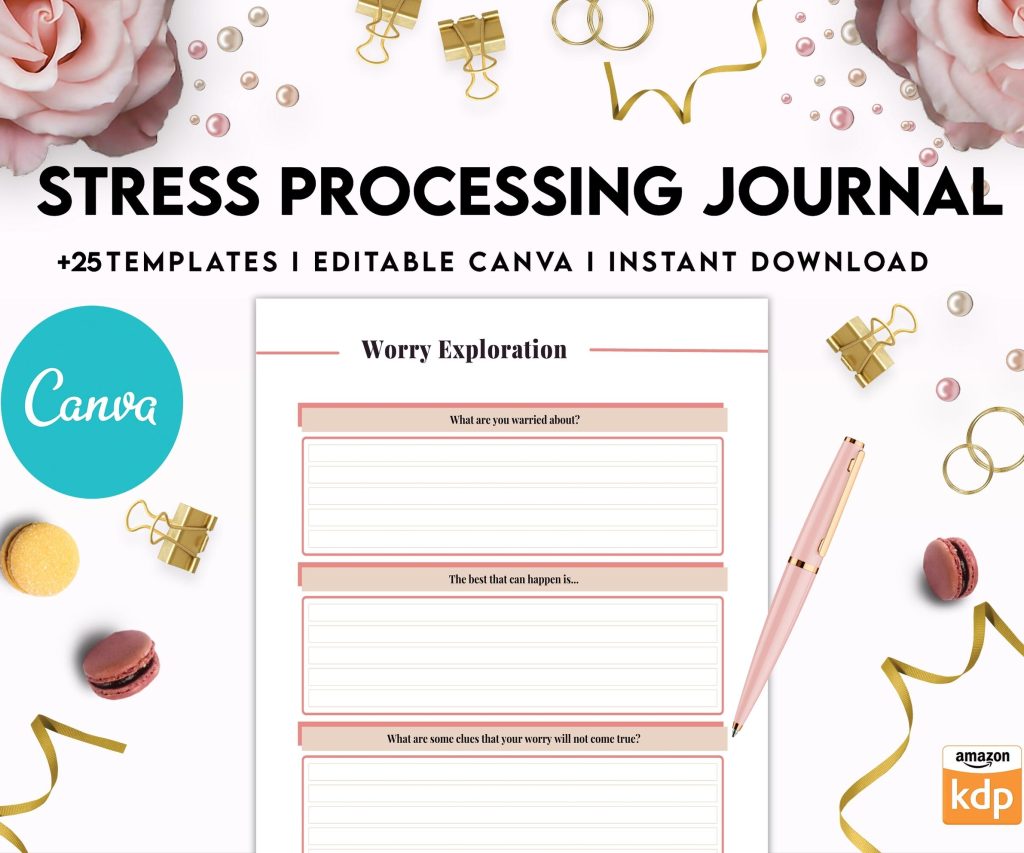Stress Processing Journal Pages for daily self care, mental health, and emotion list with breakdown worksheets, Canva Editable Templates, interior anxiety journal