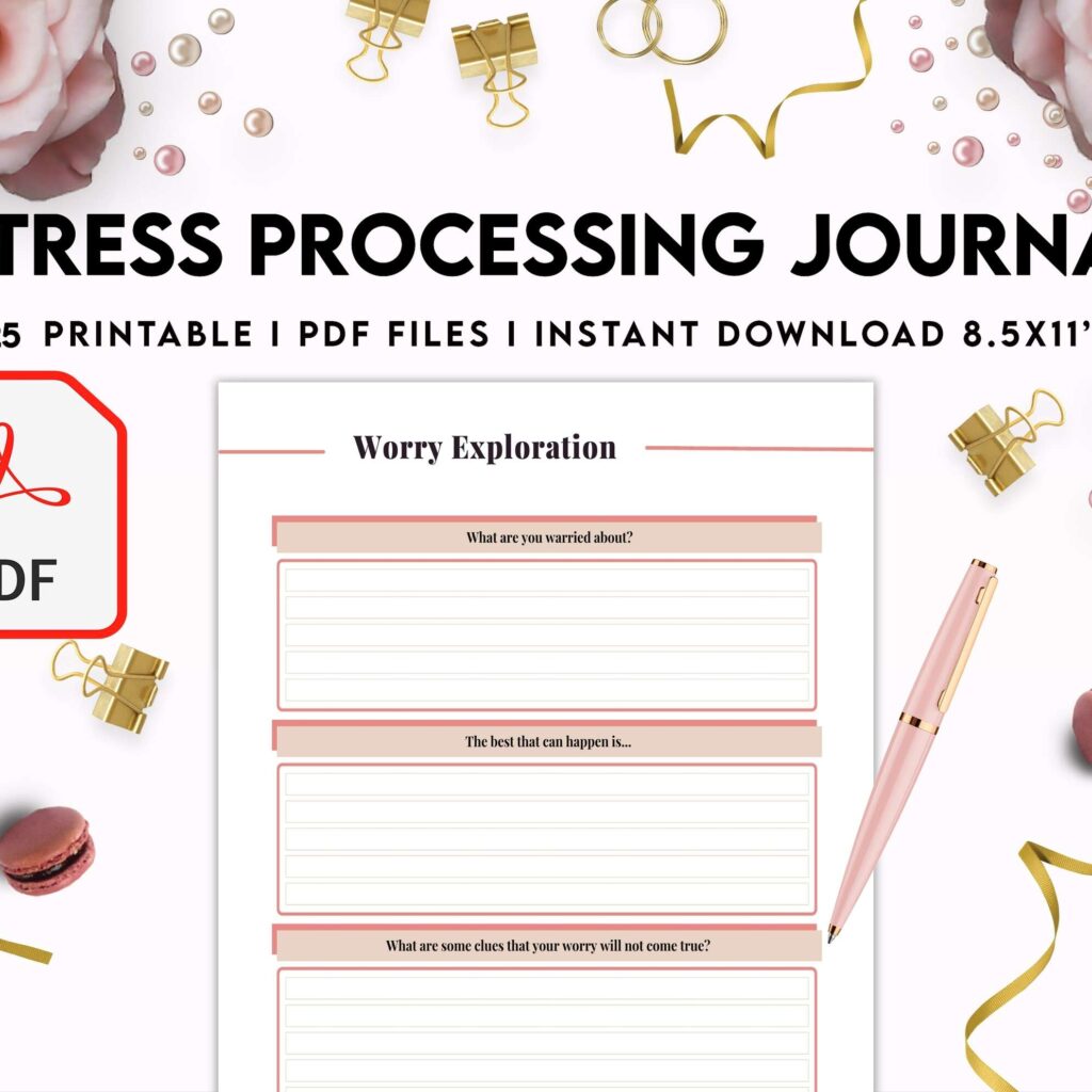 Stress Processing Journal Pages for daily self care, mental health, and emotion list with breakdown worksheets, PDF Printable, 8,5×11″ A4 size