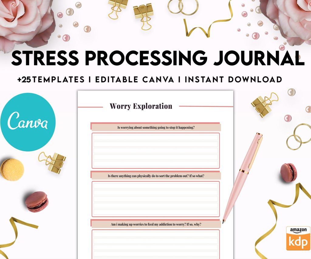 Stress Processing Journal Pages for daily self care, mental health, and emotion list with breakdown worksheets, Canva Editable Templates, interior anxiety journal