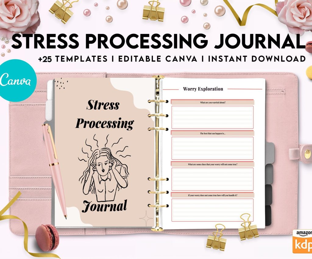 Stress Processing Journal Pages for daily self care, mental health, and emotion list with breakdown worksheets, Canva Editable Templates, interior anxiety journal
