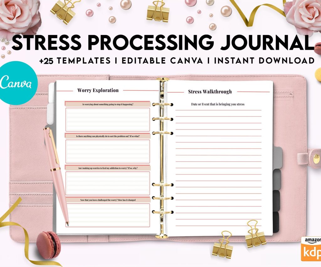 Stress Processing Journal Pages for daily self care, mental health, and emotion list with breakdown worksheets, Canva Editable Templates, interior anxiety journal