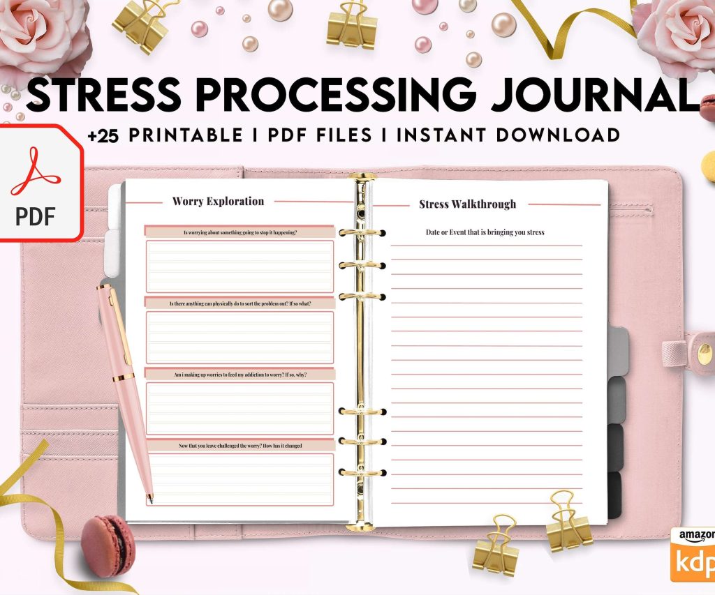 Stress Processing Journal Pages for daily self care, mental health, and emotion list with breakdown worksheets, PDF Printable, 8,5×11″ A4 size