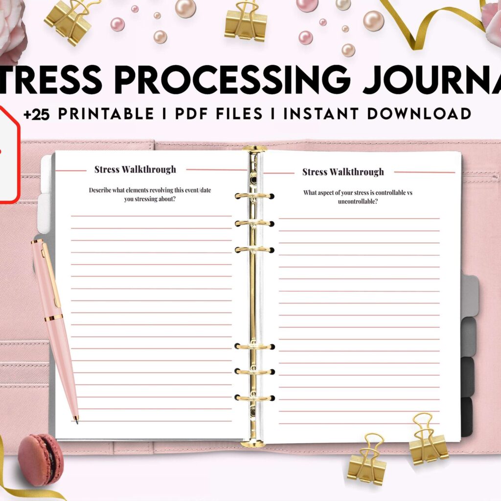Stress Processing Journal Pages for daily self care, mental health, and emotion list with breakdown worksheets, PDF Printable, 8,5×11″ A4 size