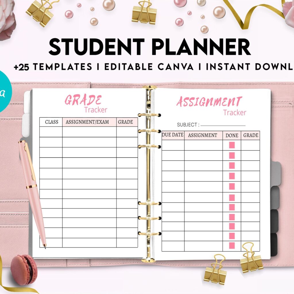 Student Planner , Weekly Schedule, Grade Tracker, Assignment Tracker, Study Planner, Class overview, Canva Editable Templates, interior 2023 student planner