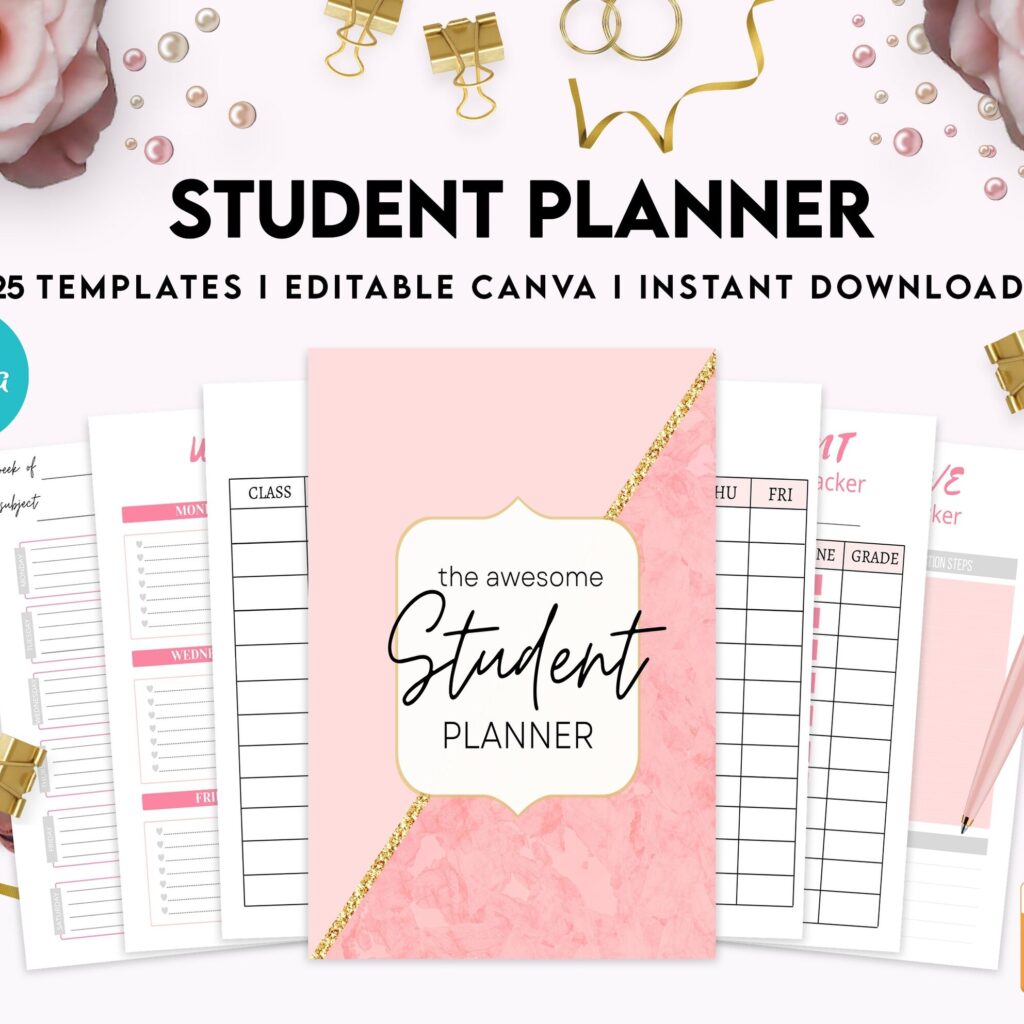 Student Planner , Weekly Schedule, Grade Tracker, Assignment Tracker, Study Planner, Class overview, Canva Editable Templates, interior 2023 student planner