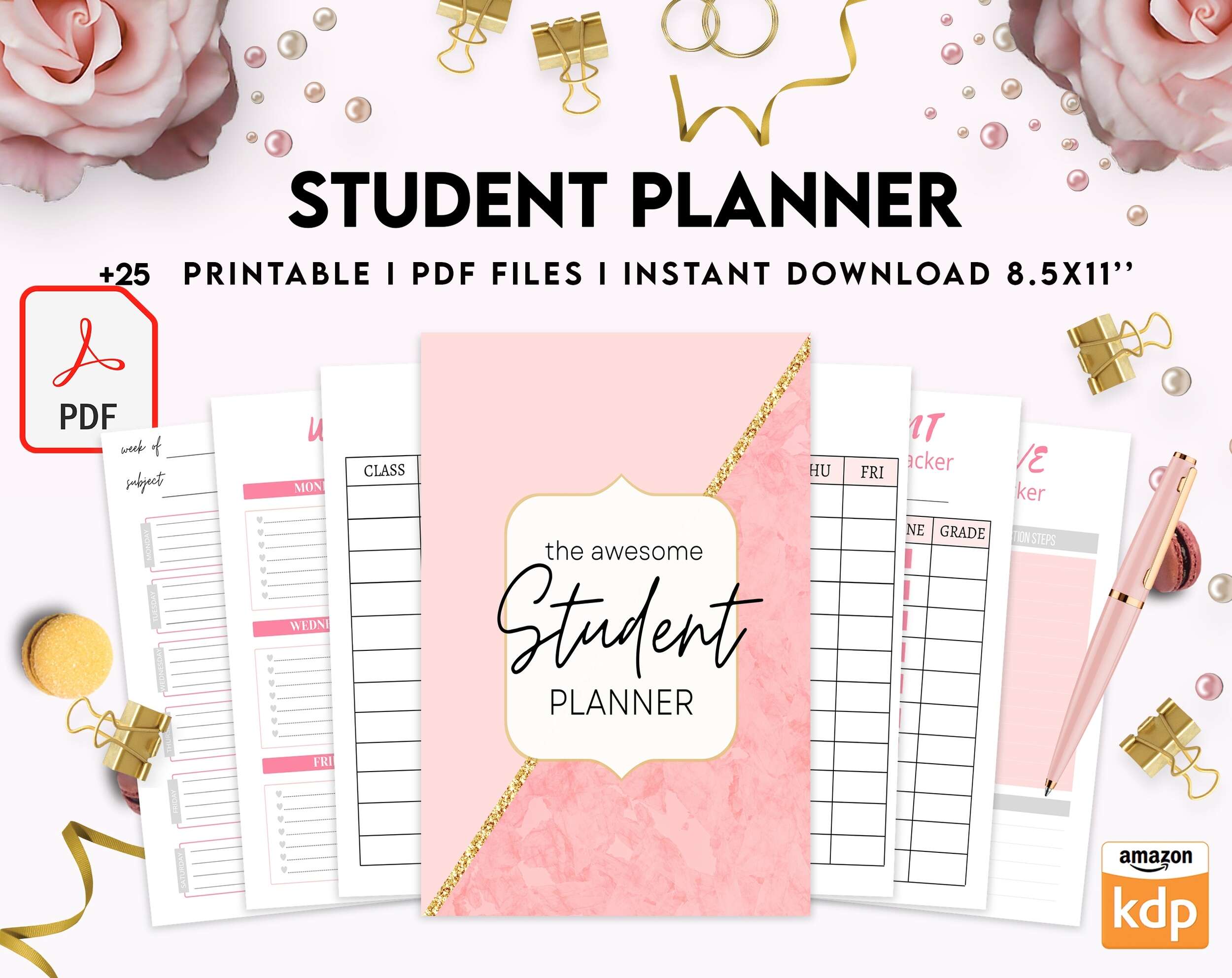 Student Journal Student Planner , Weekly Schedule, Grade Tracker, Assignment Tracker, Study Planner, Class overview, PDF Printable, 8,5×11″ A4 size