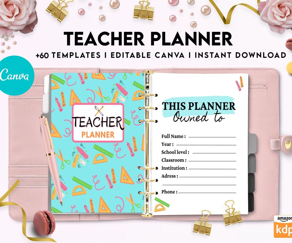 Teacher Planner, Teacher Journal, teacher Bundle pages, Canva Editable Templates, interior 2023 teacher planner