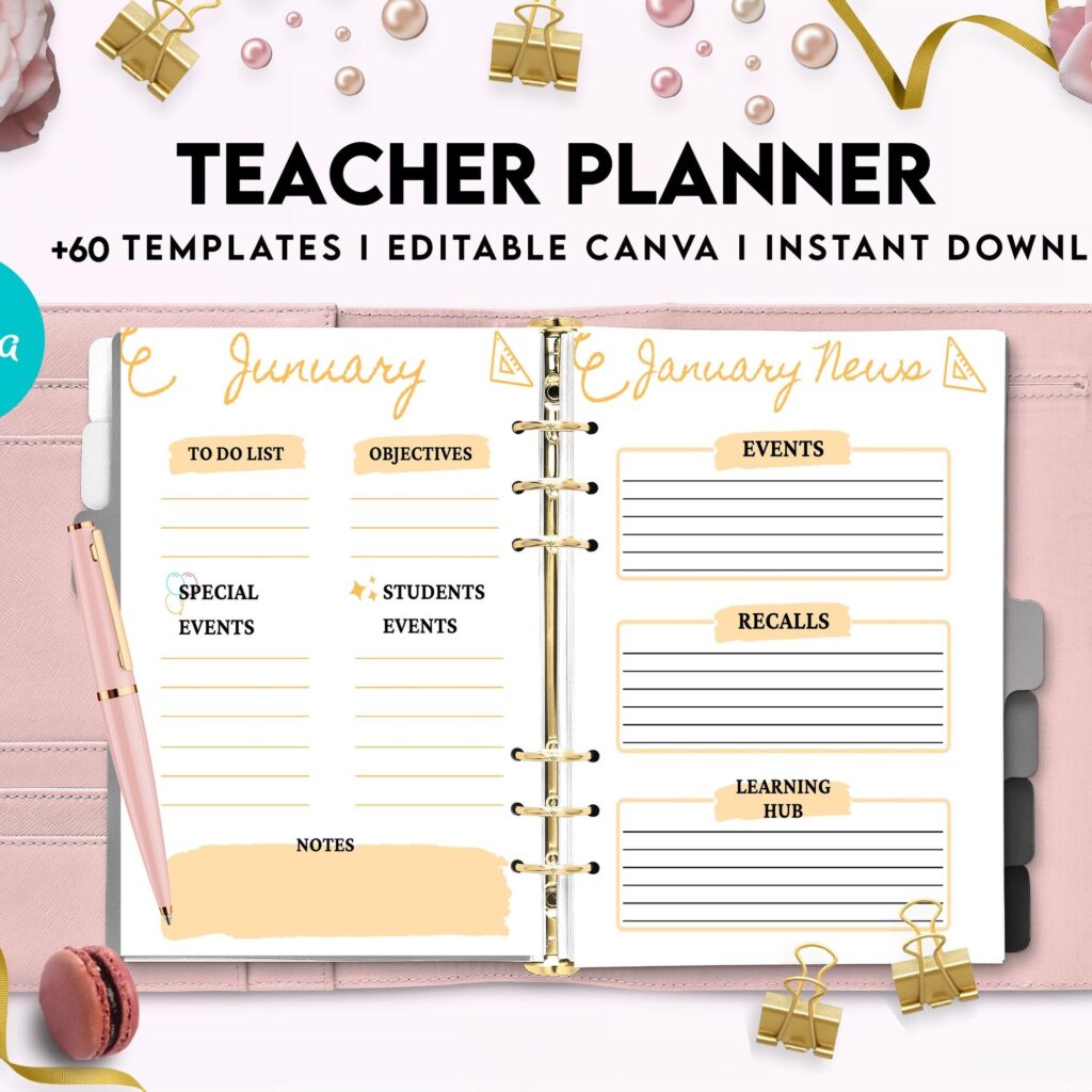 Teacher Planner, Teacher Journal, teacher Bundle pages, Canva Editable Templates, interior 2023 teacher planner
