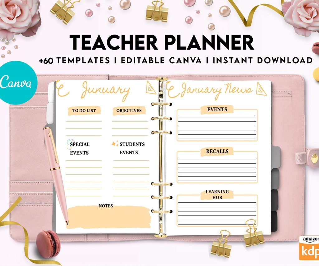 Teacher Planner, Teacher Journal, teacher Bundle pages, Canva Editable Templates, interior 2023 teacher planner