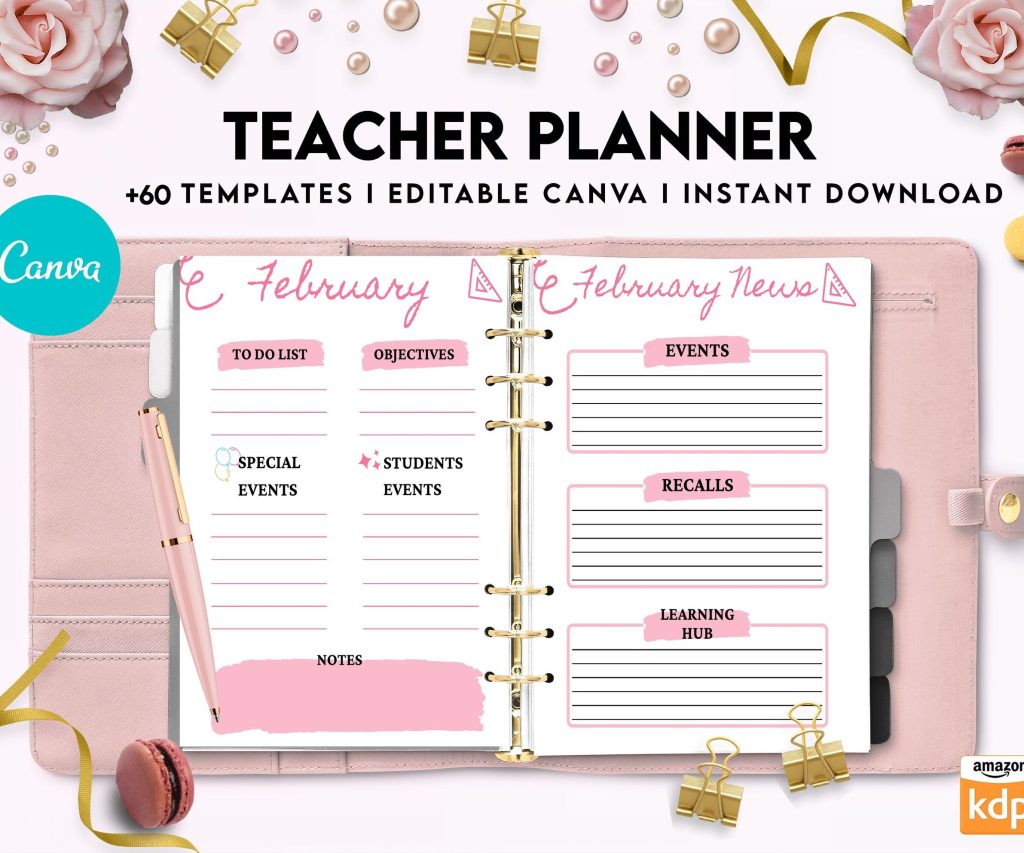 Teacher Planner, Teacher Journal, teacher Bundle pages, Canva Editable Templates, interior 2023 teacher planner