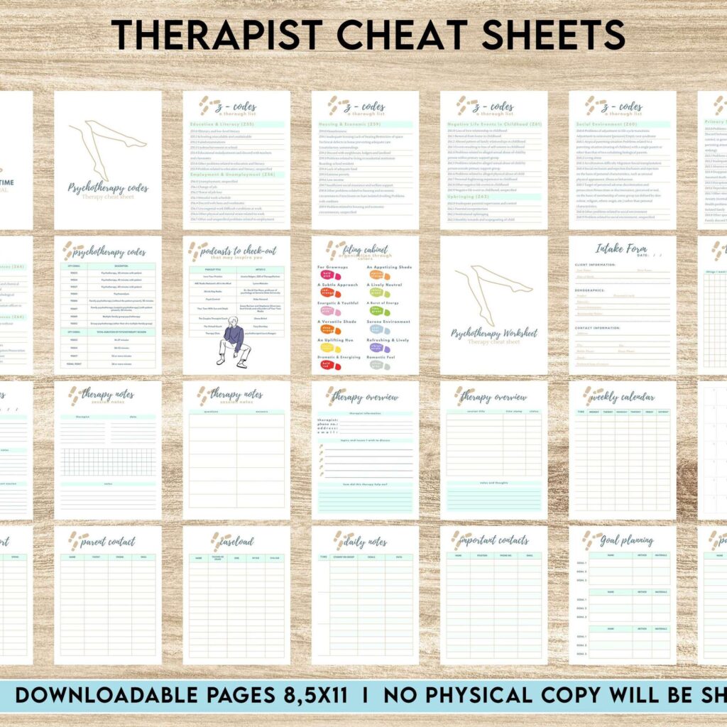 Therapist Planner, Therapist insert cheat sheets for documentation & clinical work, therapy sheets PDF Printable, 8,5×11″ A4 size