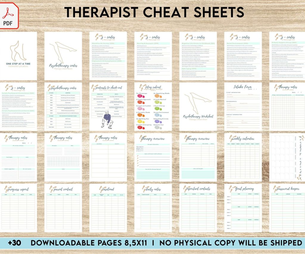 Therapist Planner, Therapist insert cheat sheets for documentation & clinical work, therapy sheets PDF Printable, 8,5×11″ A4 size