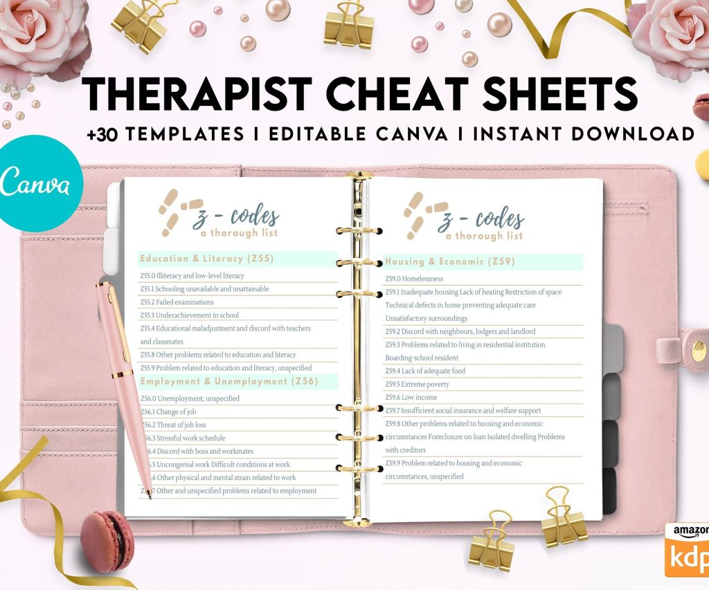 Therapist Planner, Therapist insert cheat sheets for documentationand clinical work, therapy sheets Canva Editable Templates, interior case load