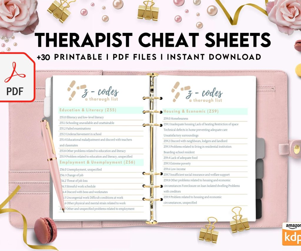 Therapist Planner, Therapist insert cheat sheets for documentation & clinical work, therapy sheets PDF Printable, 8,5×11″ A4 size