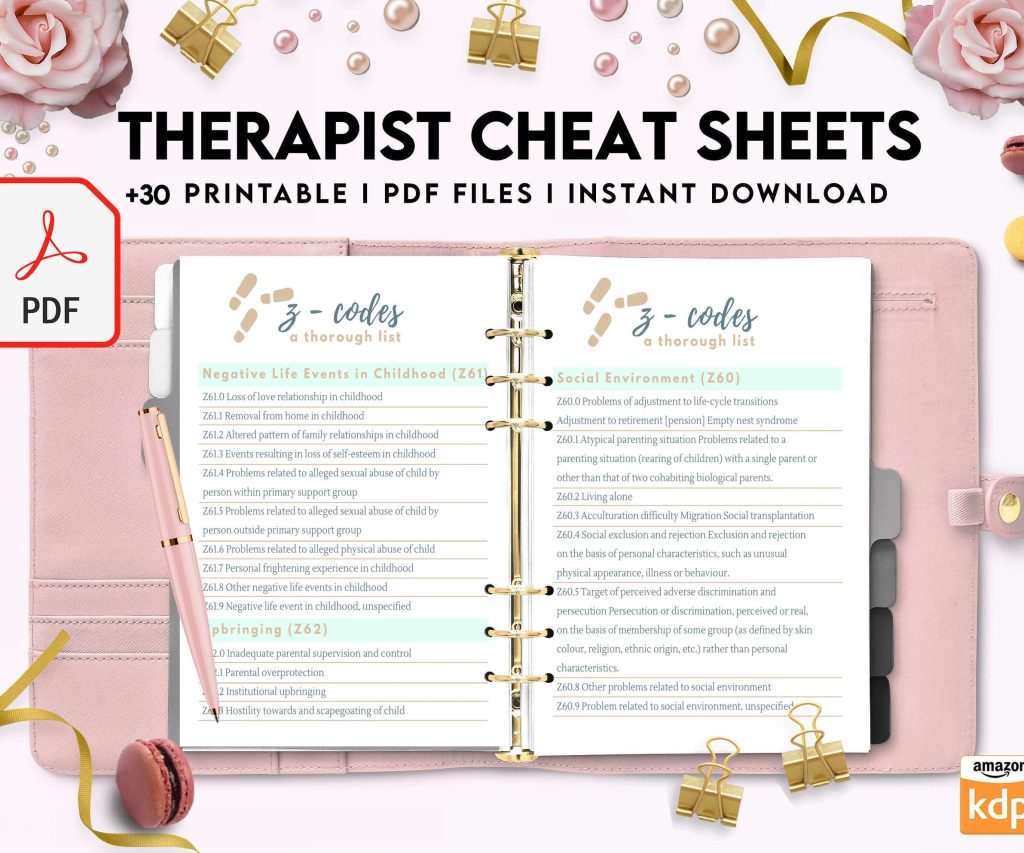 Therapist Planner, Therapist insert cheat sheets for documentation & clinical work, therapy sheets PDF Printable, 8,5×11″ A4 size
