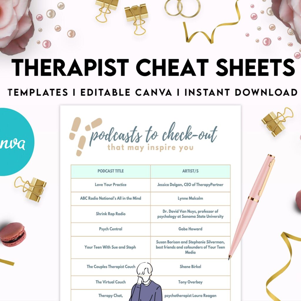 Therapist Planner, Therapist insert cheat sheets for documentationand clinical work, therapy sheets Canva Editable Templates, interior case load