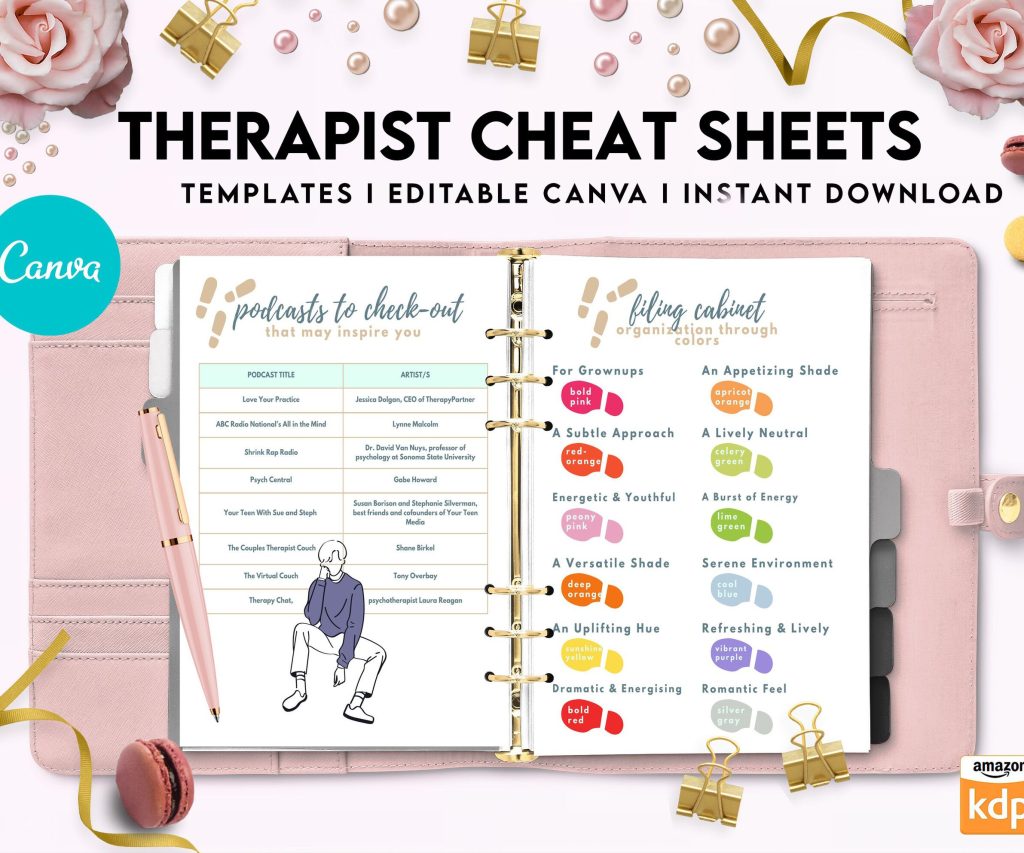 Therapist Planner, Therapist insert cheat sheets for documentationand clinical work, therapy sheets Canva Editable Templates, interior case load