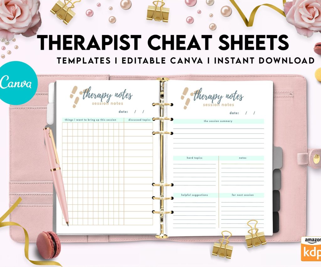 Therapist Planner, Therapist insert cheat sheets for documentationand clinical work, therapy sheets Canva Editable Templates, interior case load