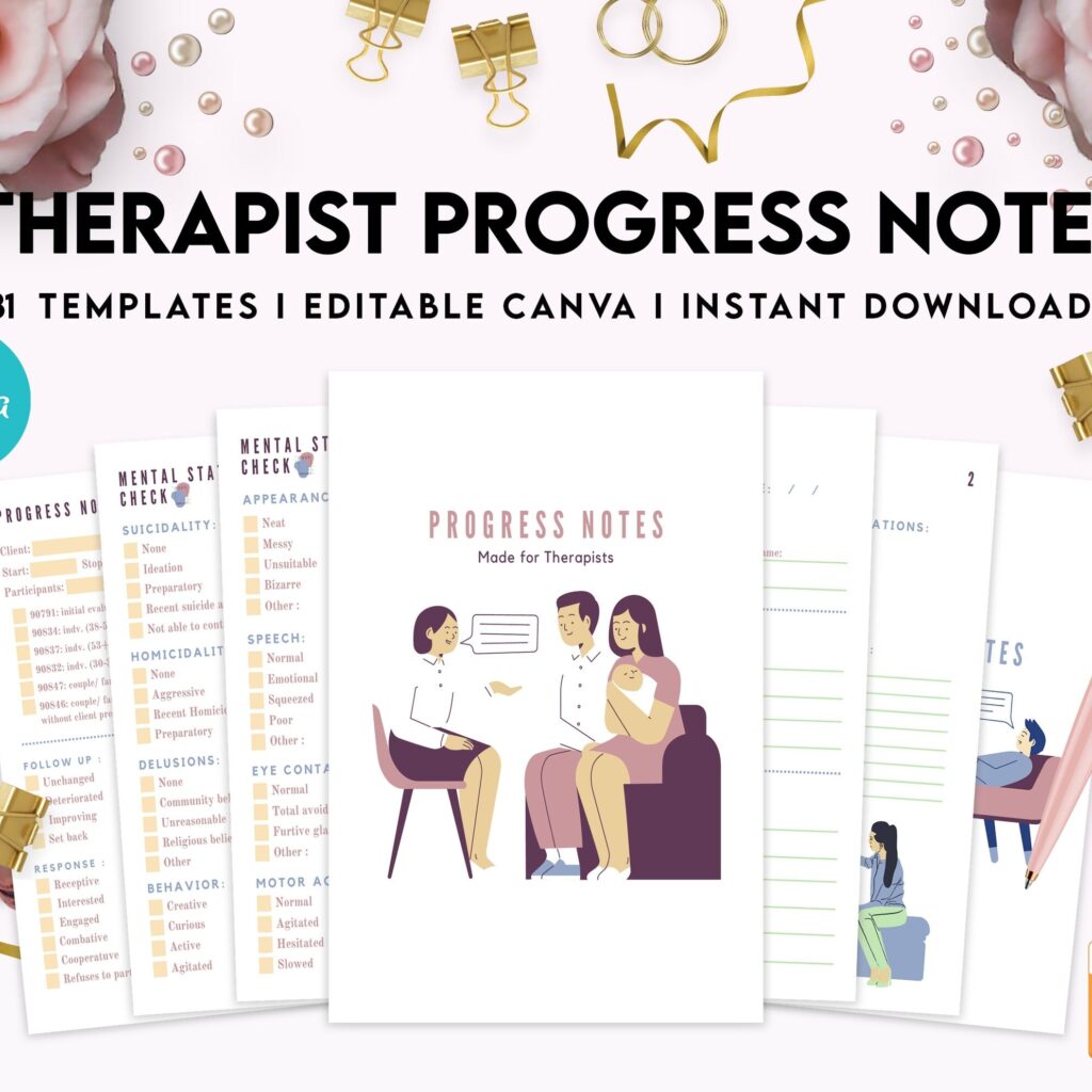 Progress Notes for Therapists, Editable Templates therapy worksheets, Client Progress Note Template , Counseling, Canva Editable Templates, interior DAP