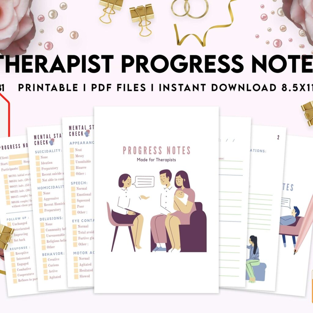 Progress Notes for Therapists, 8×11 inch pages size therapy worksheets, Client Progress Note Template , Counseling, PDF Printable, 8,5×11″ A4 size