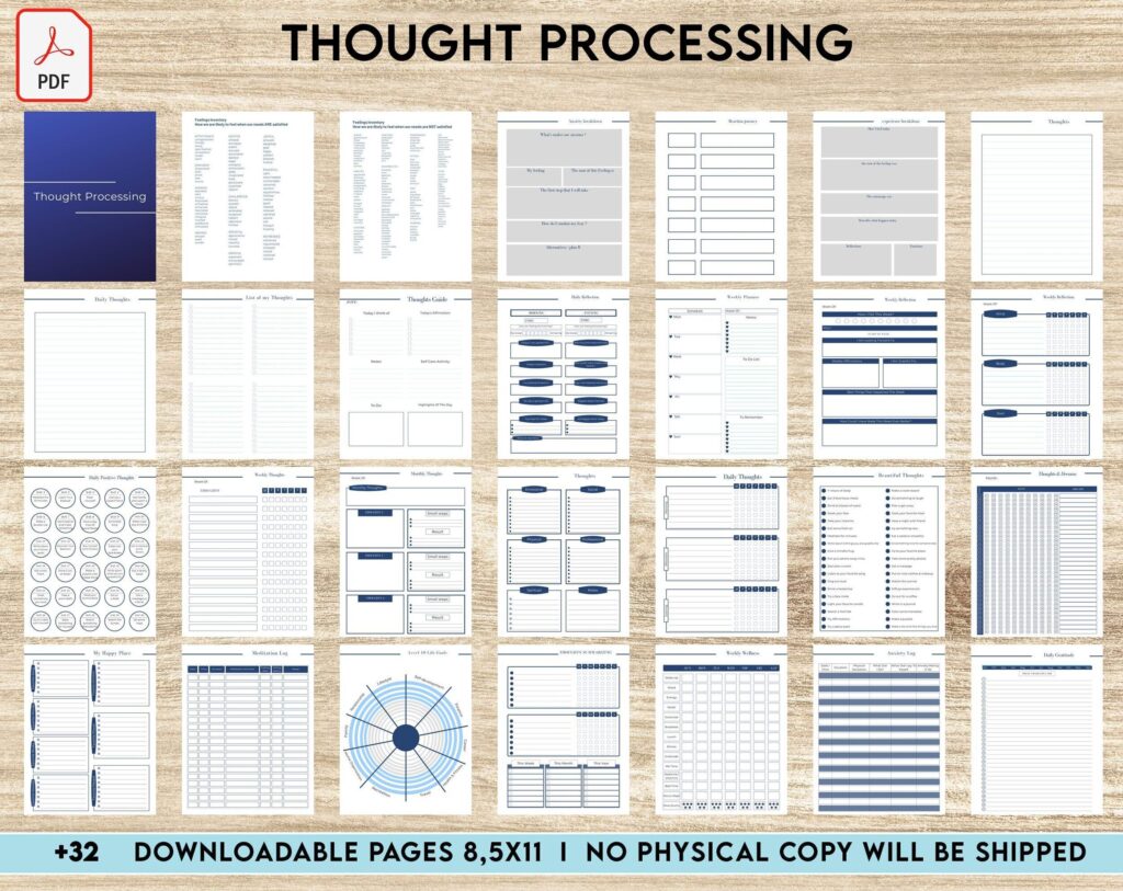 The Thought Field Therapy Thought Processing Journal Pages for daily self care, mental health, and emotion list with breakdown worksheets, PDF Printable, 8,5×11″ A4 size anxiety journal