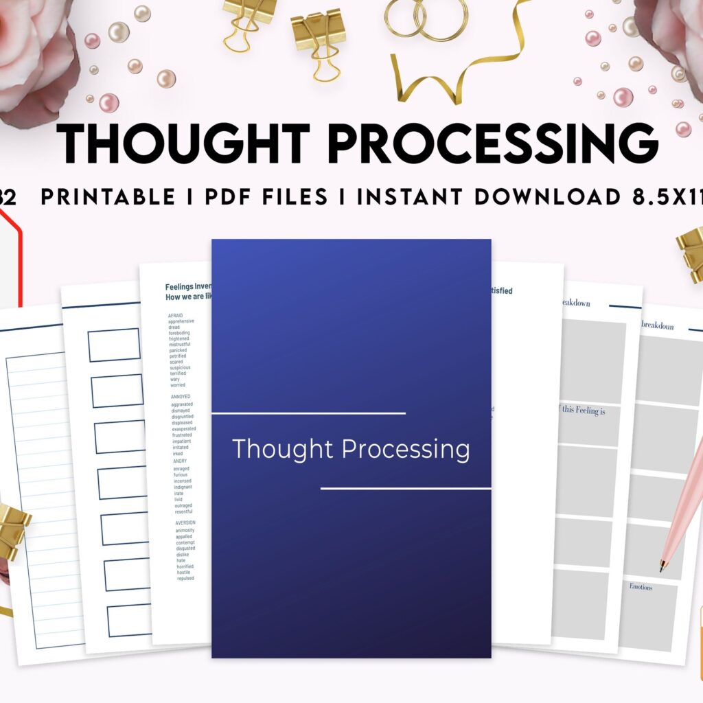 Thought Processing Journal Pages for daily self care, mental health, and emotion list with breakdown worksheets, PDF Printable, 8,5×11″ A4 size anxiety journal