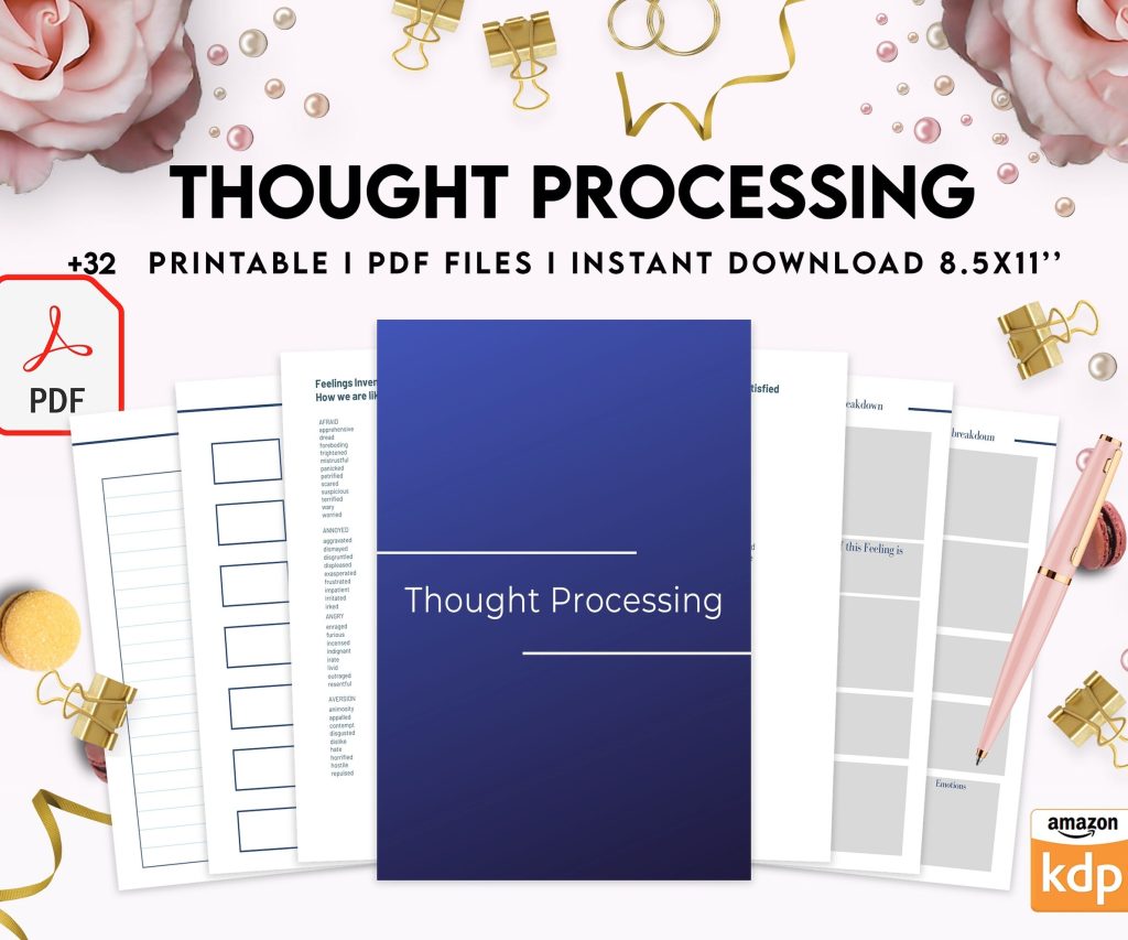 Thought Processing Journal Pages for daily self care, mental health, and emotion list with breakdown worksheets, PDF Printable, 8,5×11″ A4 size anxiety journal