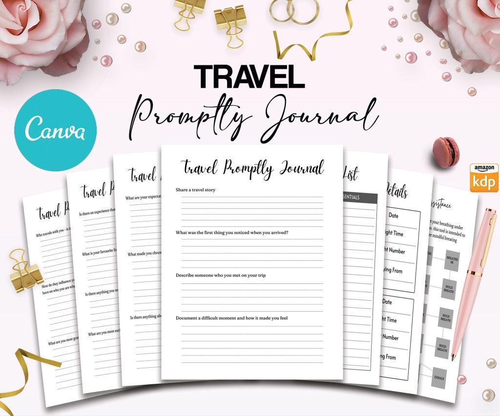 Travel Journal Travel Promptly Journal 36 Editable Templates, 8.5×11″ Canva Planner editable interior COMMERCIAL Use Canva editable KDP interior