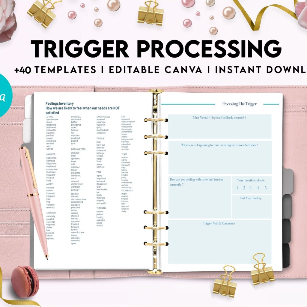 Trigger Processing journal, Thought Processing Journal Pages for daily self care, mental health, and emotion list with breakdown worksheets, Canva Editable Templates, interior anxiety journal