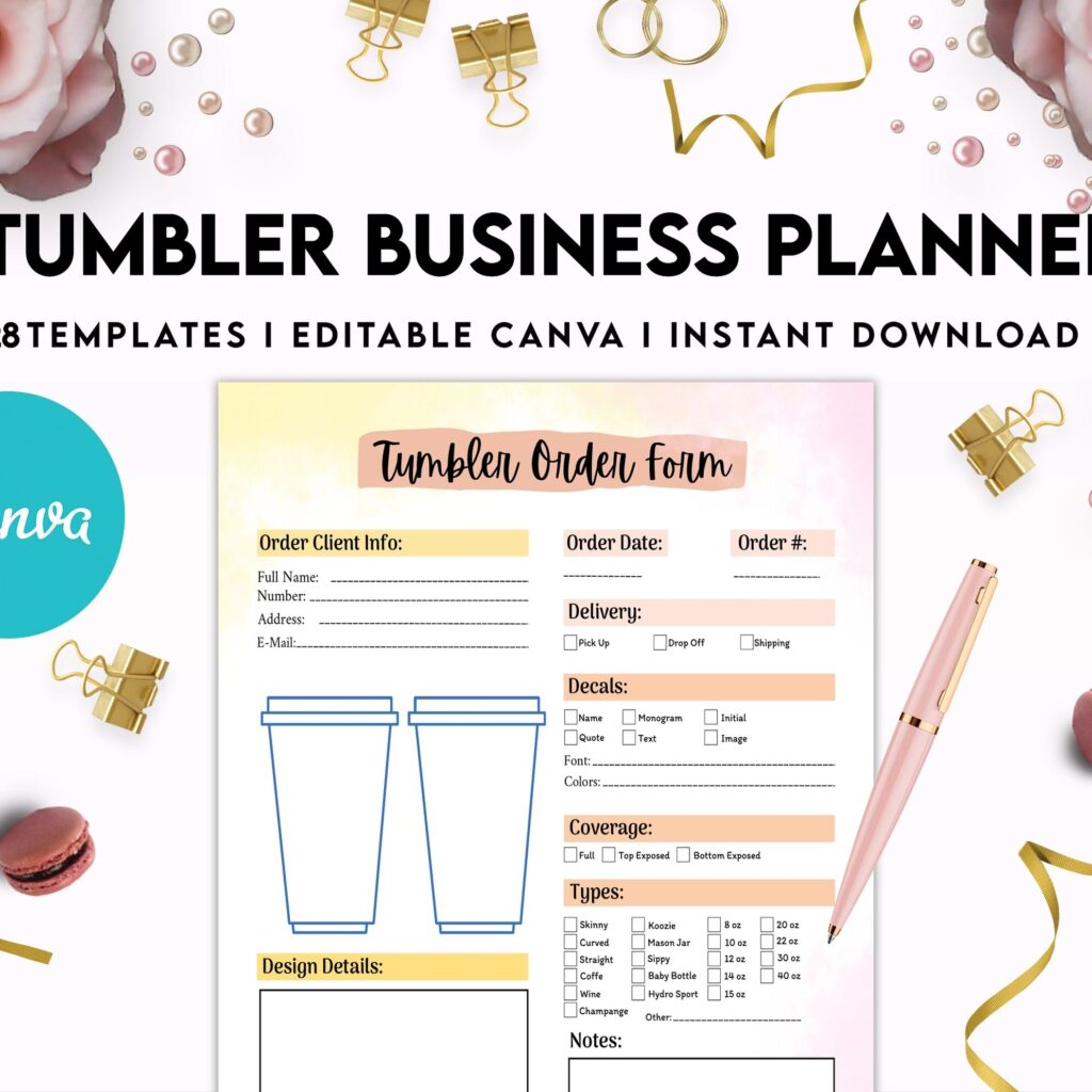 Tumbler Business Planner | Digital Tumbler Order Form | Tumbler Order Form, Canva Editable Templates, interior, Binder journal Craft Order Form