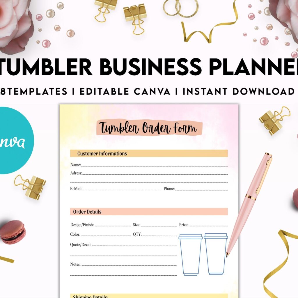 Tumbler Business Planner | Digital Tumbler Order Form | Tumbler Order Form, Canva Editable Templates, interior, Binder journal Craft Order Form