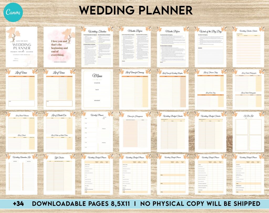 Wedding Planner Printable Wedding Planner, Wedding Pages, Wedding Plan Bundle, Wedding Planning Book, Wedding Planner, Canva Editable Templates, interior bride handbook
