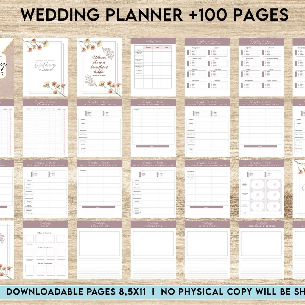 downloadable wedding planner 100 Pages Wedding Planner, Editable Templates Wedding Pages, Wedding Plan Bundle, Wedding Planning Book, Canva Editable Templates, interior getting married